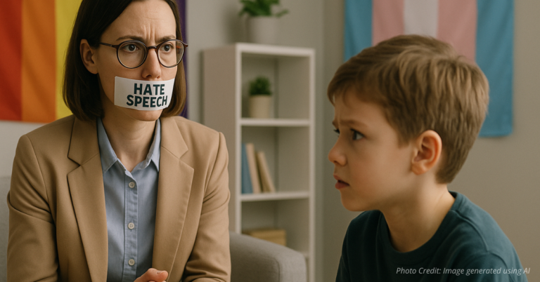 Counselor silenced while child seeks help, symbolizing free speech concerns in therapy