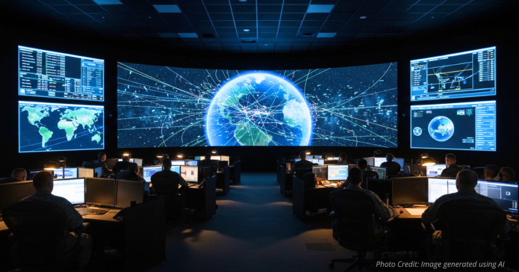 U.S. Space Command officers monitor satellites and space data in a control room