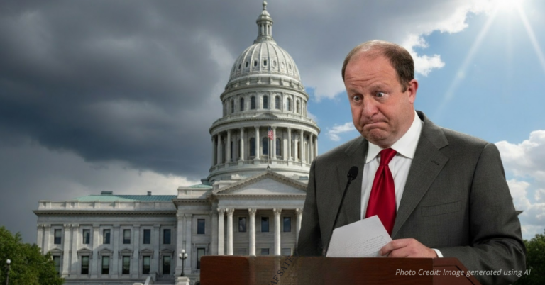 Jared Polis looking sad at the podium.