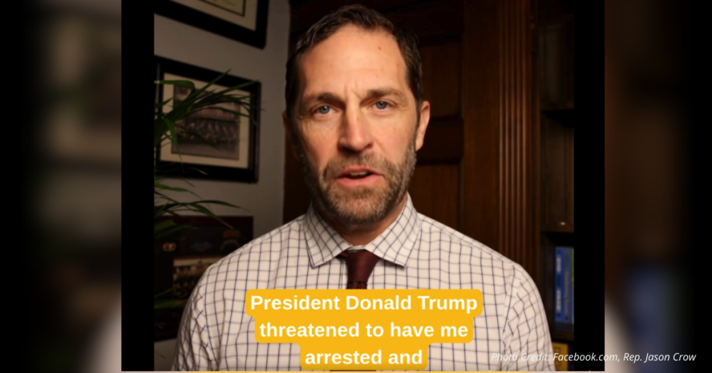 Jason, Rep. Jason Crow responds to Trump threats via Facebook video.