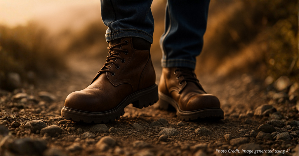 Worn boots stepping on rocky path, symbolizing walking in peace and purpose.
