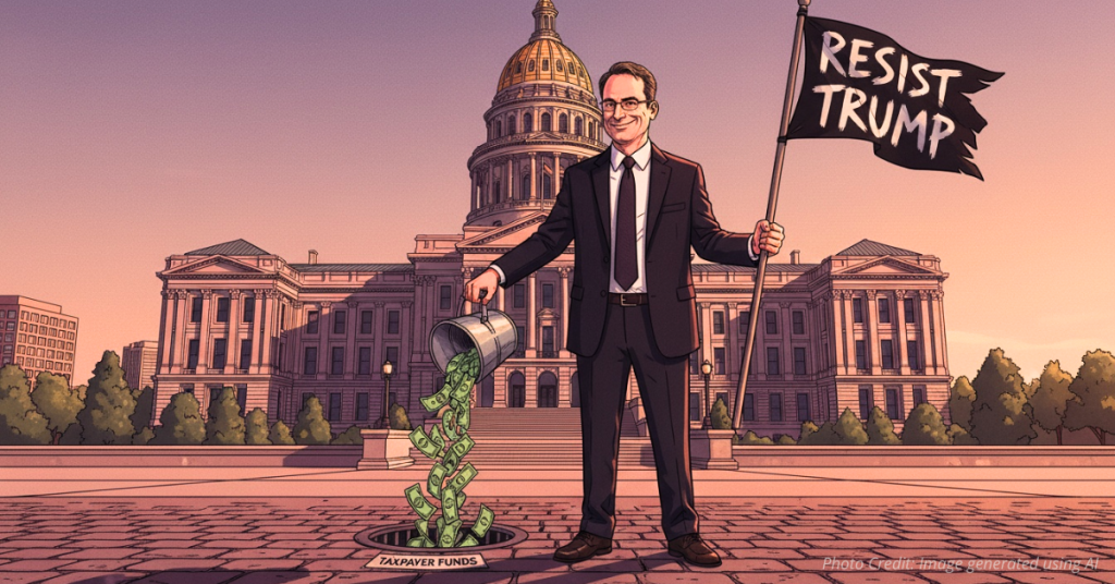 Caricature of official dumping dollar signs into drain and resisting Trump.
