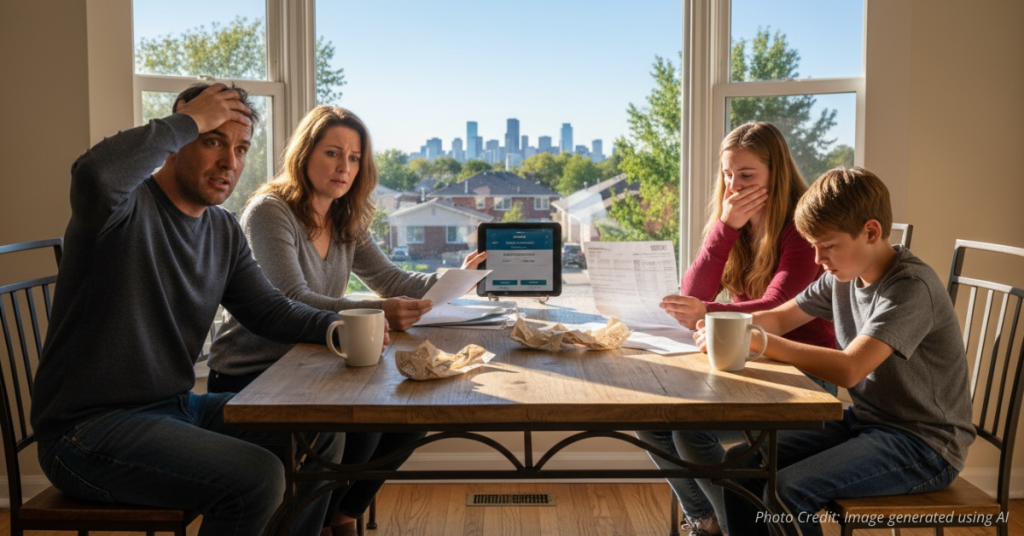Family reviewing bills at kitchen table in Denver