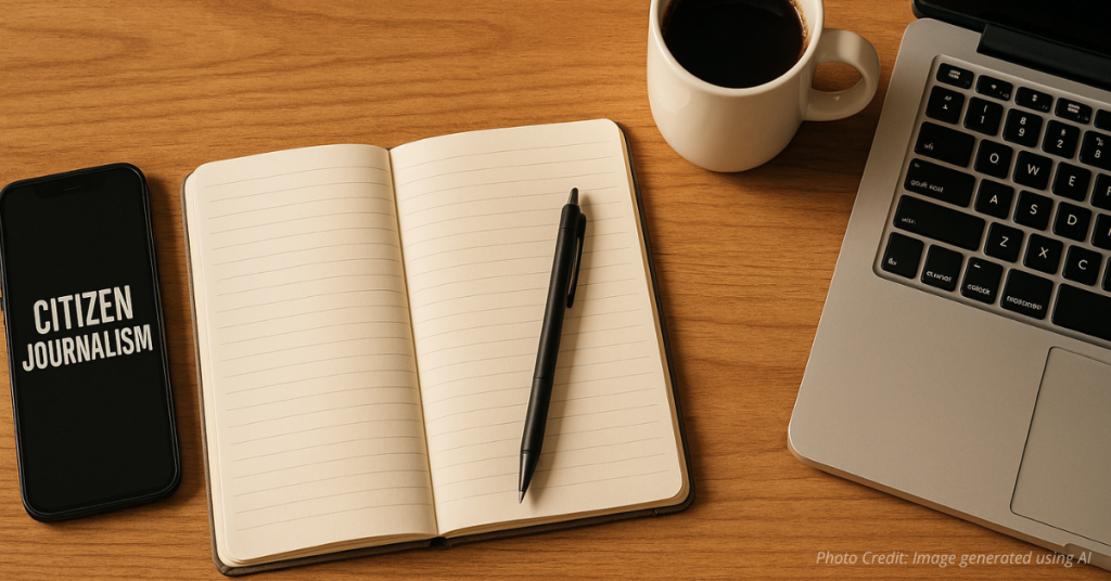 Simple tools of a citizen journalist laid out on a desk