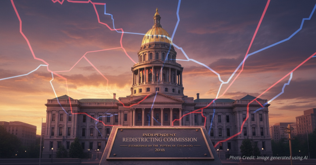 Colorado State Capitol with red and blue map lines representing political redistricting debate