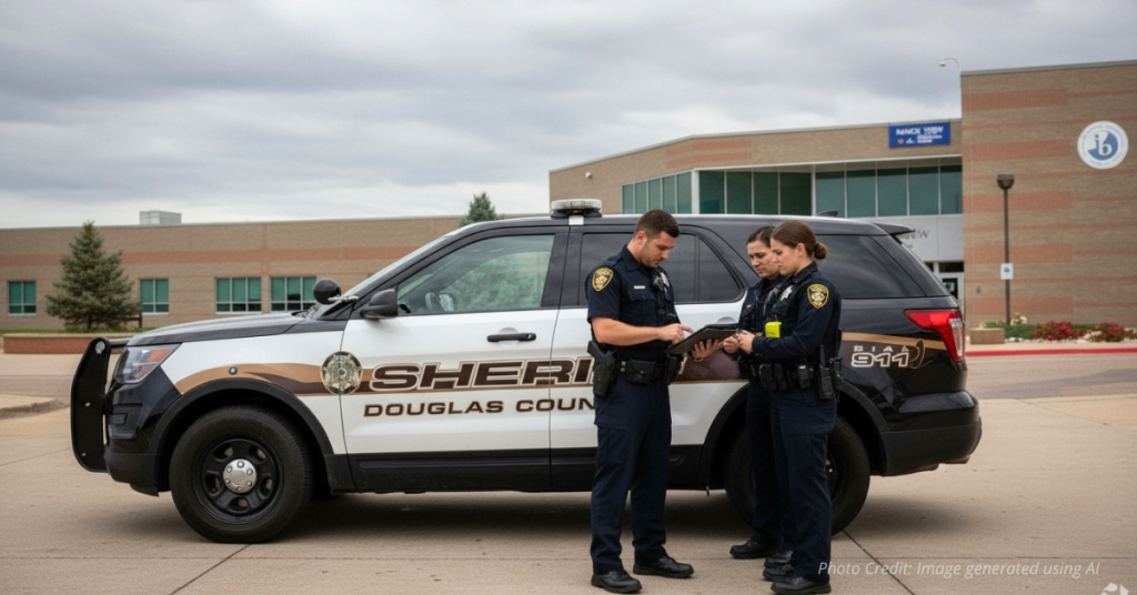 Generic Colorado middle school with sheriff SUV parked outside during investigation.