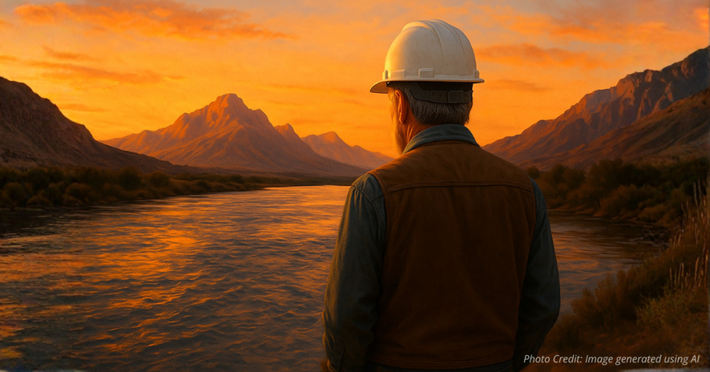 Engineer overlooking the Colorado River at sunset