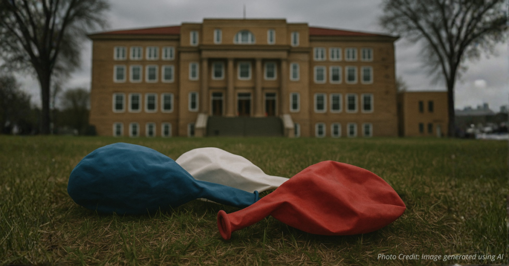 Deflated patriotic balloons symbolizing post-election apathy