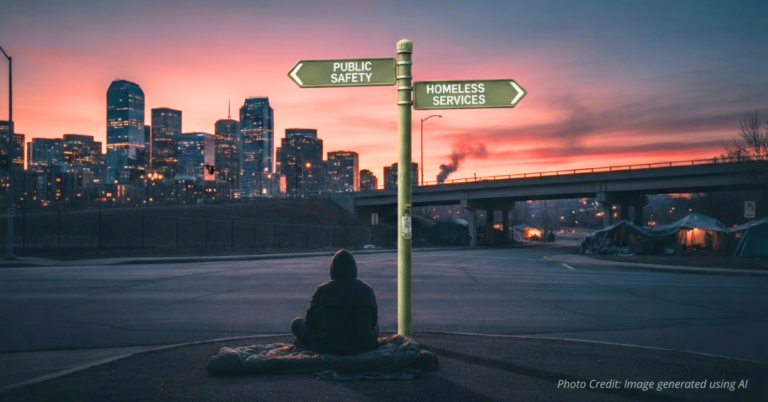 Street sign with arrows for Public Safety and Homeless Solutions over Denver skyline at sunset.