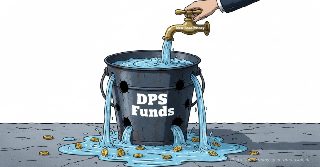 Leaking bucket labeled DPS Funds losing water and coins as new bond money pours in.