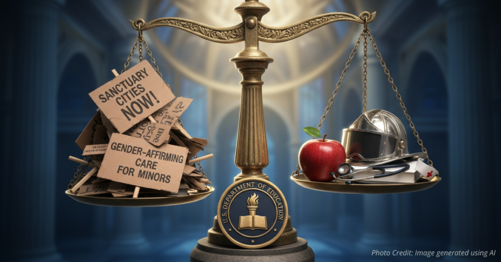 Scales weighing the effectiveness of trans policies and aid to illegals vs. loan forgiveness to firefighters, nurses, and teachers.