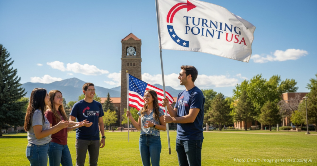 Students gather near Fort Lewis College clock tower with a Turning Point USA flag, symbolizing free speech.