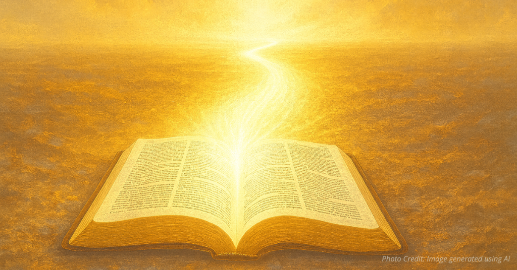 Glowing path emerging from open Bible symbolizing guidance