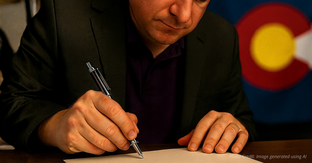 Governor’s hand signing a Medicaid Expansion bill with Colorado flag behind