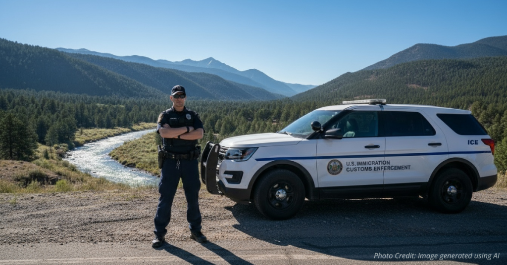 ICE officer stands outside his patrol vehicle in Durango.