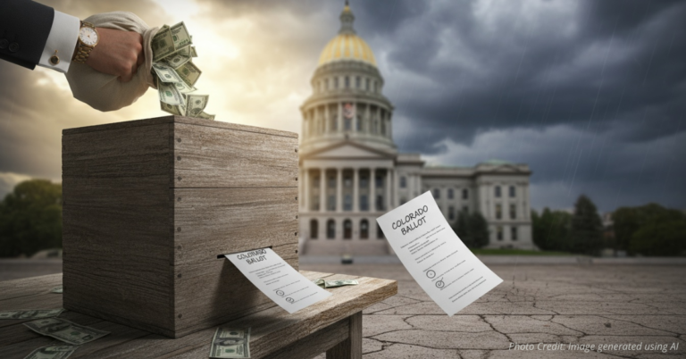 “Ballot box overflowing with money symbolizing outside influence in Colorado elections.”