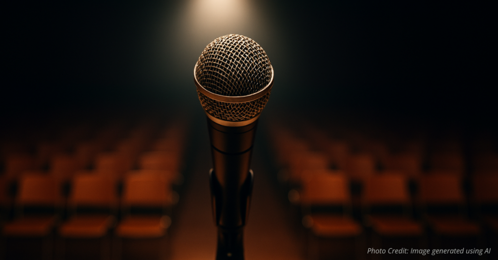 Microphone under spotlight on school stage symbolizing open speech