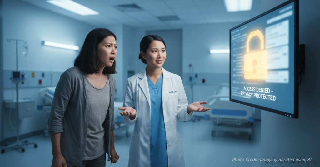 Parent looks shocked at locked child’s medical chart as nurse shrugs in sympathy.