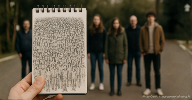 Notebook showing large crowd while few real people stand behind