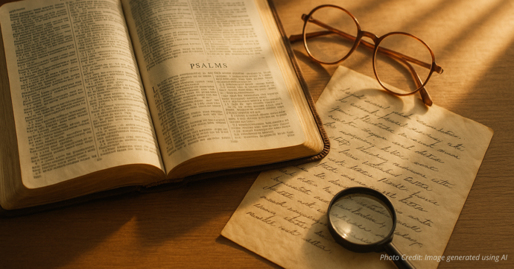 Open Bible and magnifying glass on a sunlit table symbolize wisdom and focus