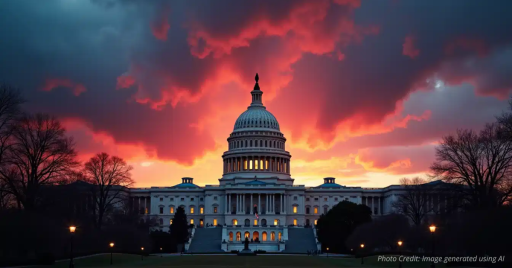 U.S. Capitol at sunrise with red and blue sky tones