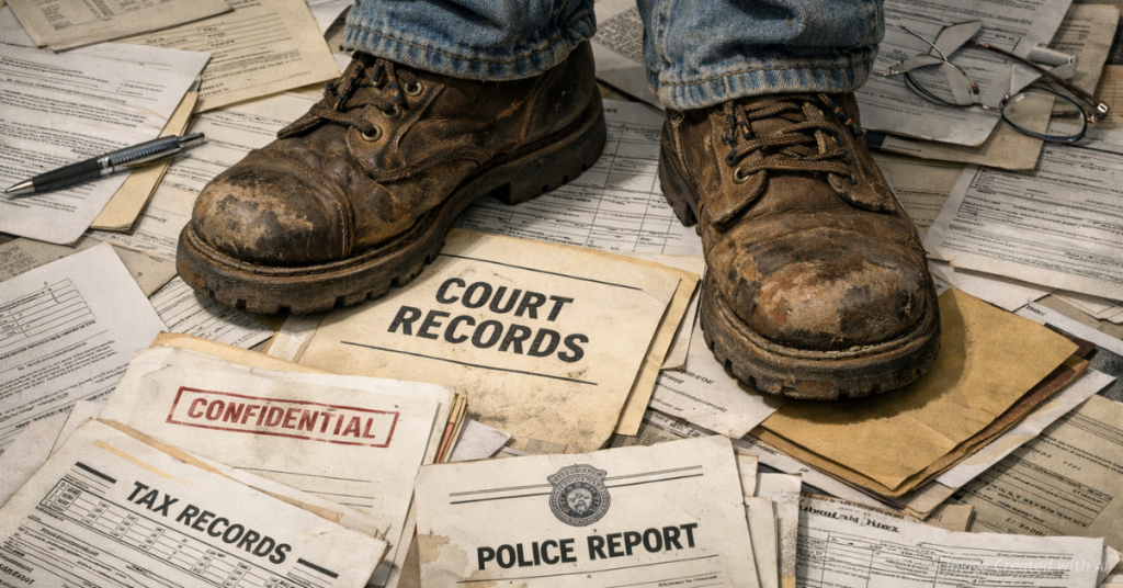 Worn boots on public records symbolizing investigative journalism
