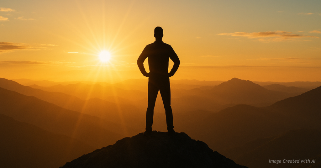 Silhouette on mountain at sunrise symbolizing calling and victory