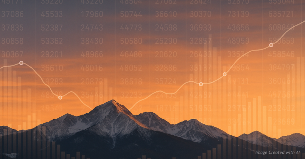 Rocky Mountains with floating voter data overlays illustrating Colorado election analysis
