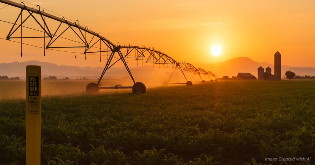 Colorado farm at sunrise with irrigation equipment highlighting energy dependence