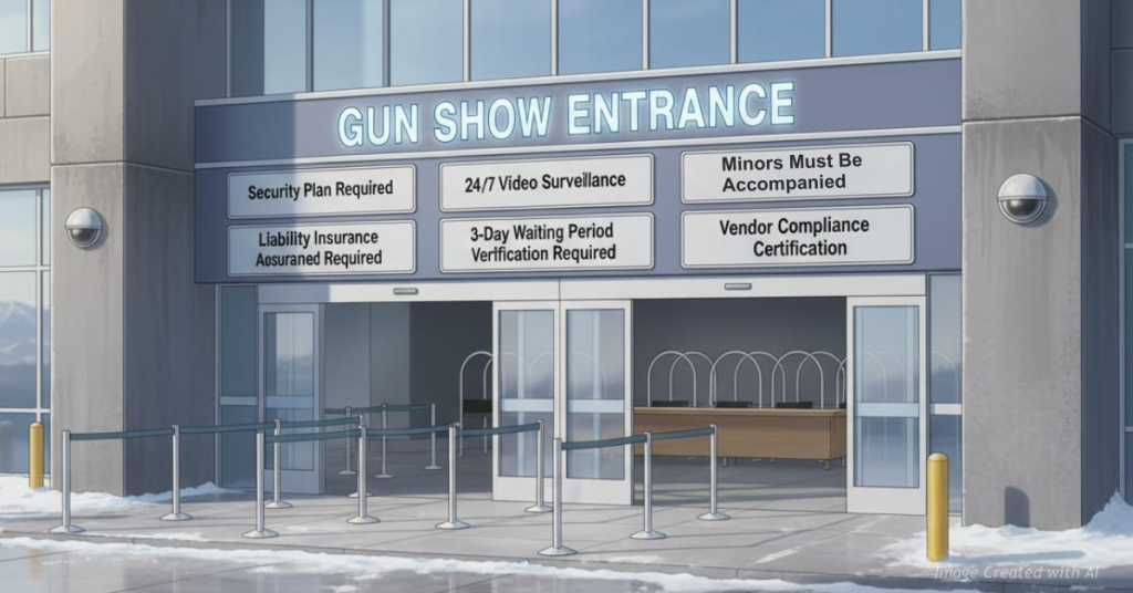 Gun show venue entrance with detailed signage outlining Colorado’s new 2026 compliance requirements