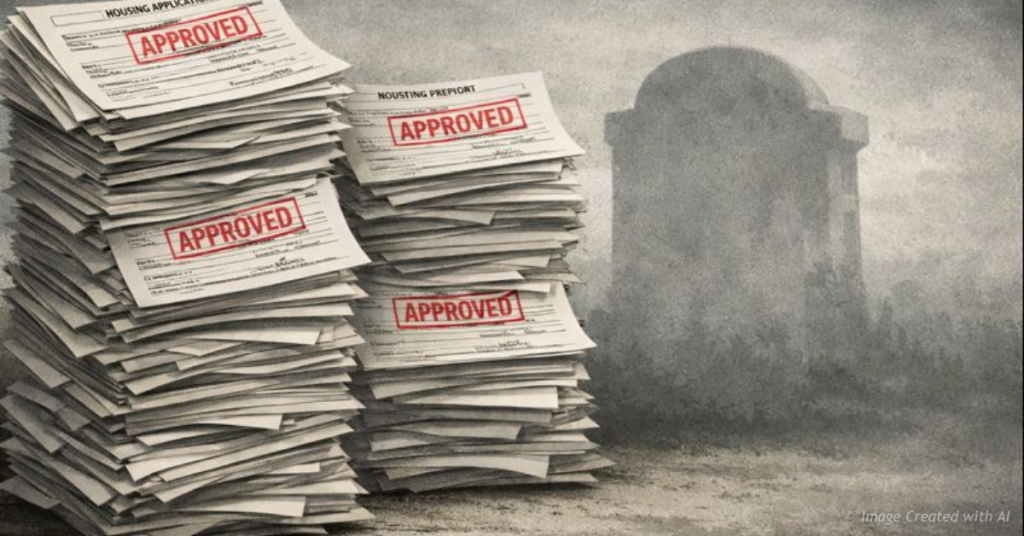 Government paperwork beside a headstone symbolizing housing oversight failures