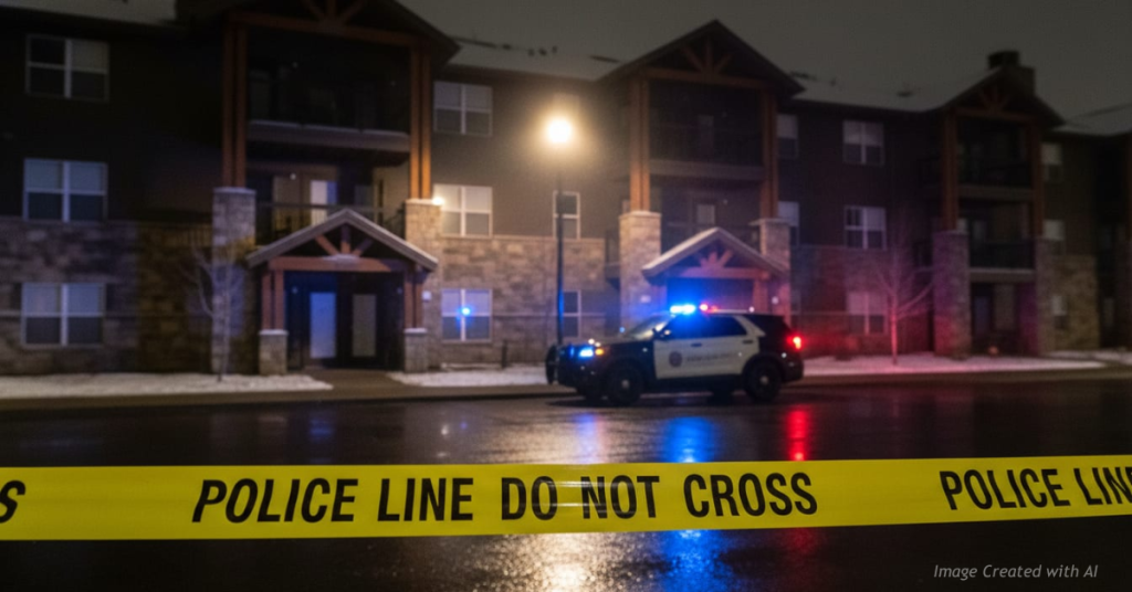 Nighttime police investigation scene at a Colorado apartment with police tape and SUV lights reflecting on wet pavement.