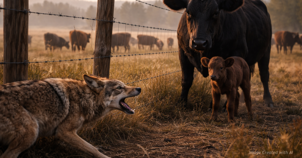 “A snarling coyote faces a protective mama cow shielding her calf across a ranch fence in Colorado.”