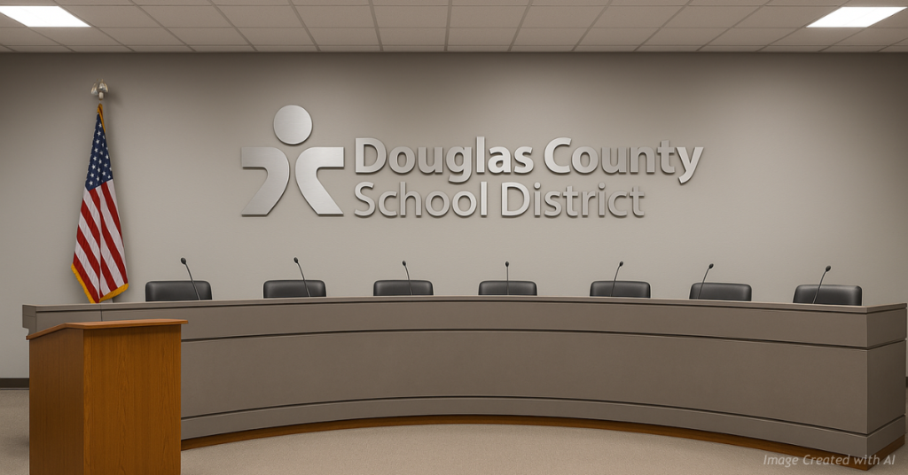 Douglas County School District boardroom with empty seats