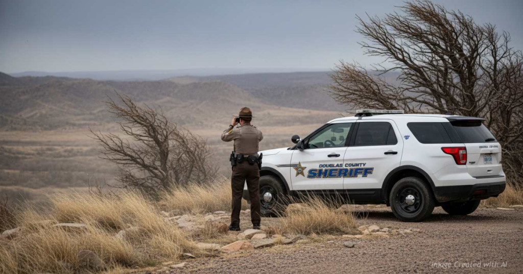 Sheriff’s deputy uses binoculars near patrol vehicle overlooking dry windy Douglas County terrain