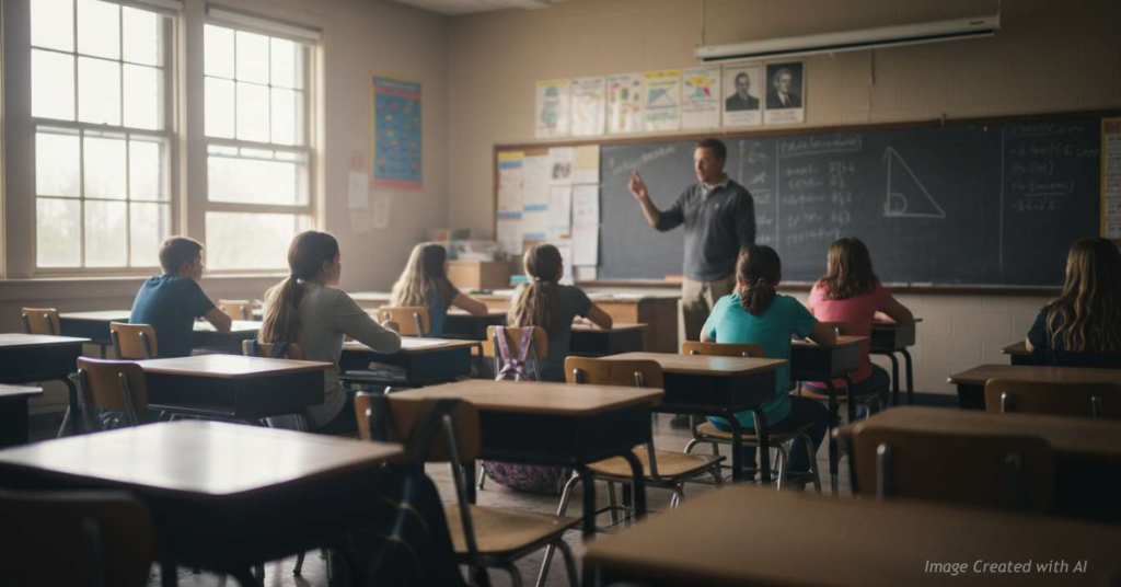 Teacher lectures in a middle school classroom where most desks are empty due to declining enrollment.