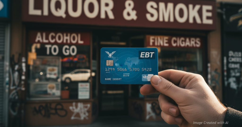 Hand holding an EBT card with a blurred liquor and smoke shop in the background.