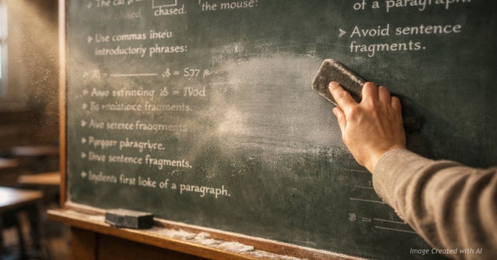 A classroom chalkboard with grammar rules being deliberately erased, symbolizing the removal of academic writing standards.