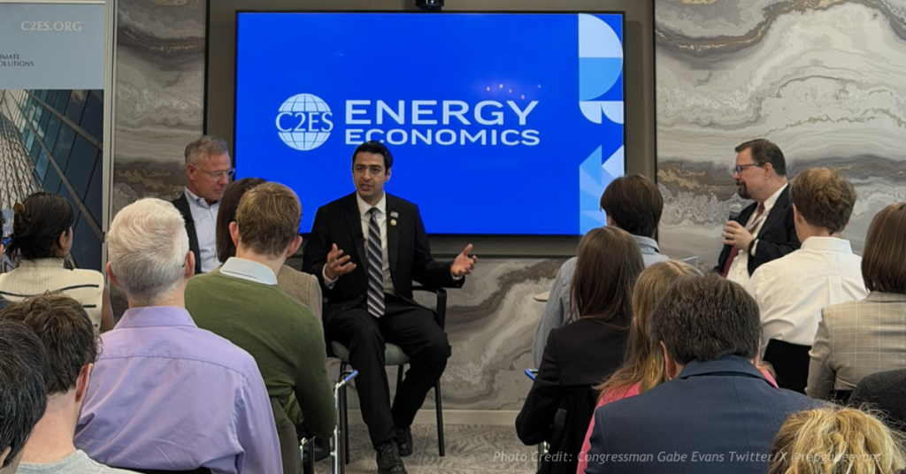 Rep. Gabe Evans speaking at a bipartisan energy panel hosted by C2ES with attendees listening during a permitting reform discussion