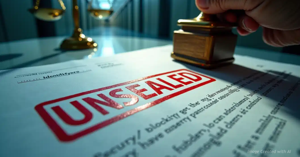 Stack of court documents stamped “Unsealed” In a hospital hallway, along with a scale of justice.