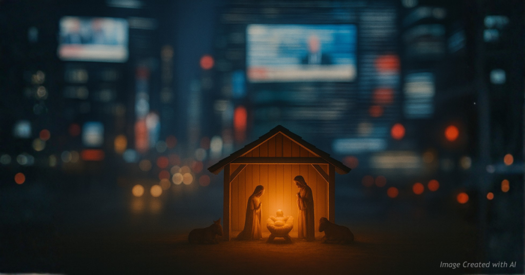Peaceful manger contrasted with blurred modern chaos