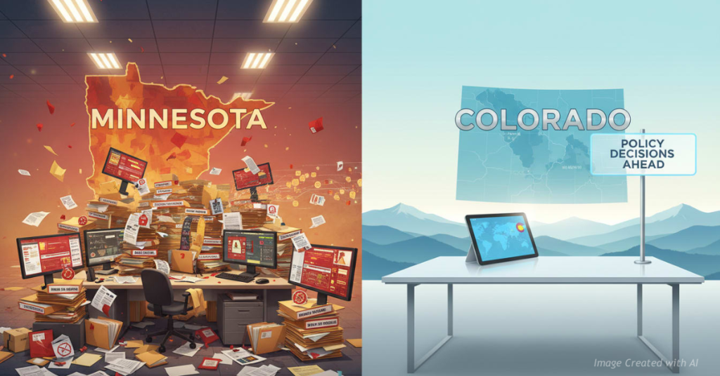 “Split-screen showing Minnesota’s chaotic Medicaid fraud scene contrasted with Colorado standing at a crossroads.”