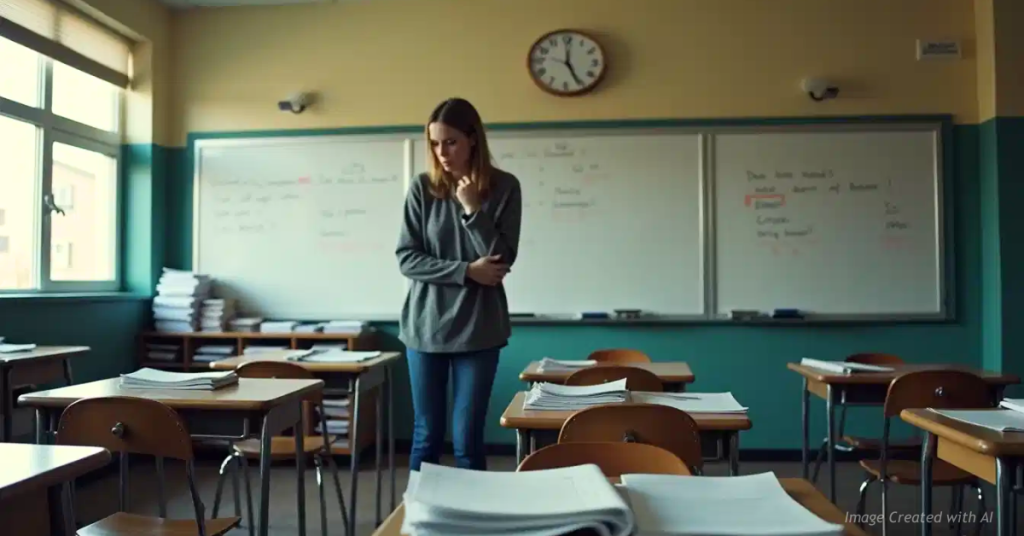 Exhausted teacher alone in dim classroom with stacks of papers.