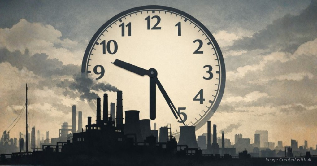 Large clock over factory symbolizing permitting delays