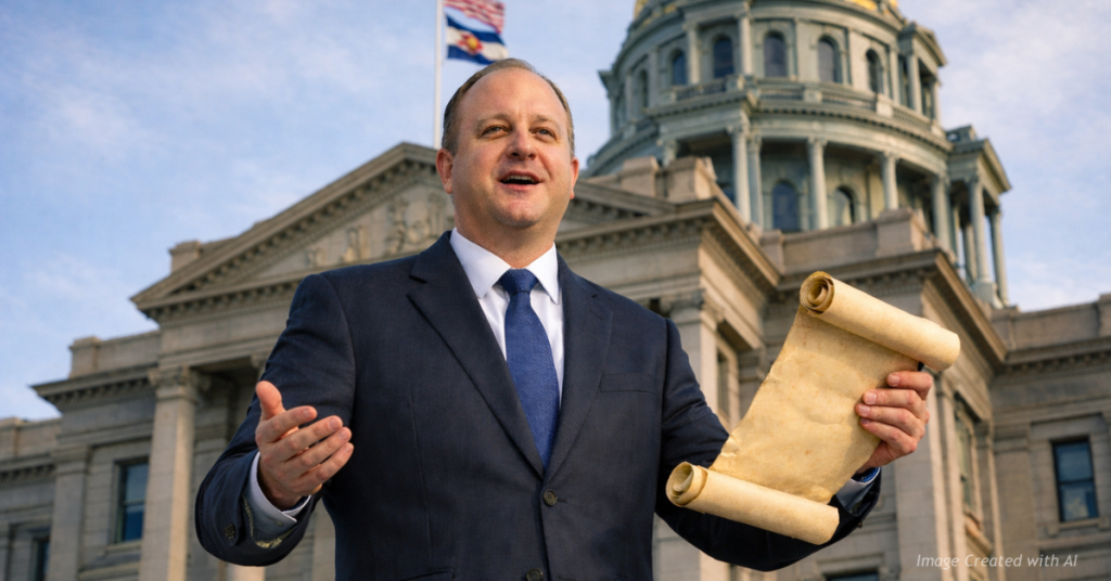 Colorado Gov. Jared Polis holds a legislative scroll while addressing the public on the steps of the State Capitol.