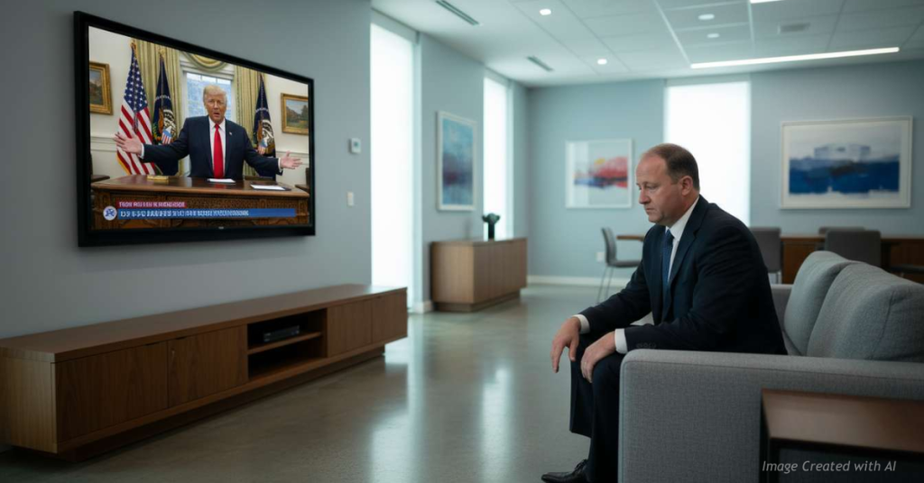 “Governor Jared Polis watching President Trump criticize him on television in a symbolic political scene”