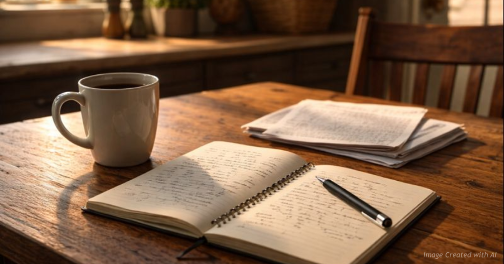 A kitchen table with notes and coffee representing grassroots commentary
