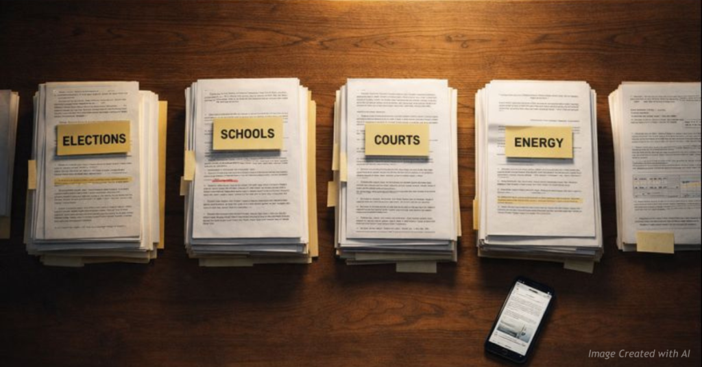 Stacks of public records labeled elections schools courts and energy with a phone paused mid-scroll