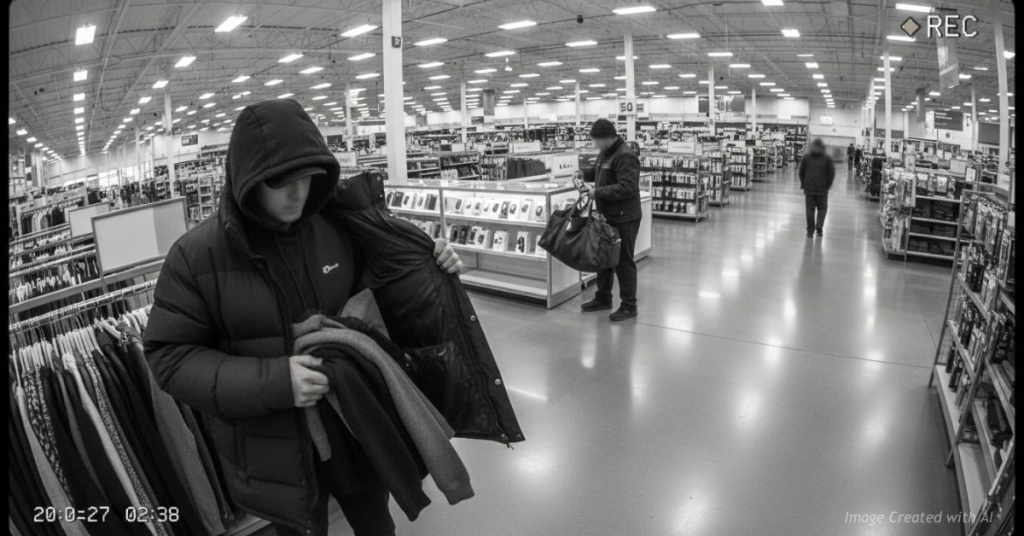 Security camera view showing two individuals shoplifting in a retail store, one hiding goods in a coat and another stealing from a display case.