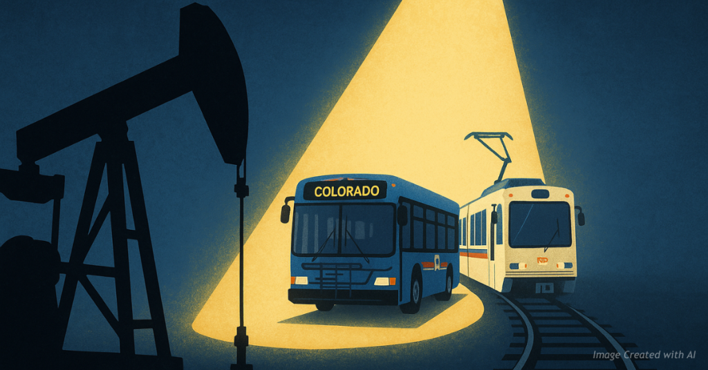 Oil pumpjack shadowed as spotlight highlights transit expansion
